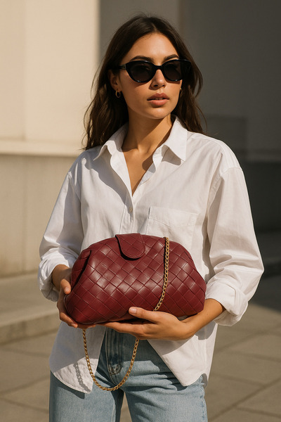 Selin Atelier Burgundy Knitted Leather Chain Portfolio Clutch Bag