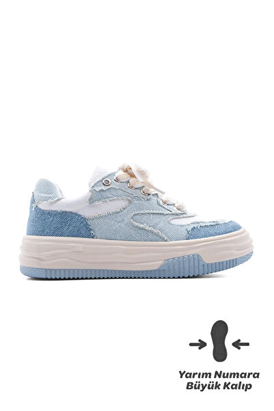 Marjin Női magas talpú tornacipő vászon szövetből fűzős sportcipő Corken kék farmer