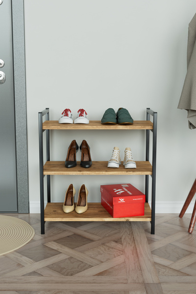 Hediyeler Kapında Ahşap 3 Raflı Ayakkabılık Antre Hol Ayakkabı Standı