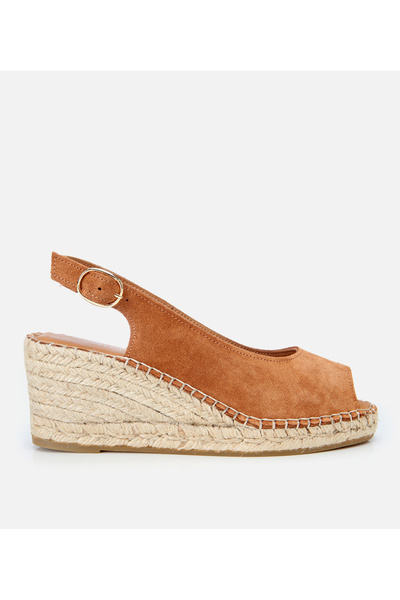 Hotiç Women's Suede Leather Tan Straw Detailed Wedge Heeled Sandals
