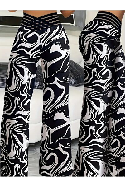 Etos Women's Pants High Waist Elastic Spanish Paca Plazzo Black and White Printed