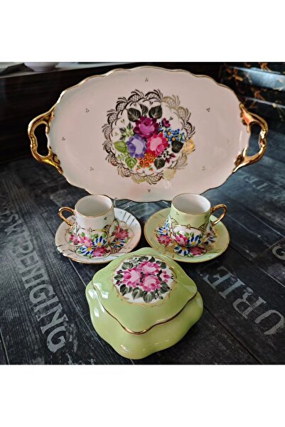 manushum El Boyama Porselen Limoges Kare Kapaklı Kutu-fıstık yeşil