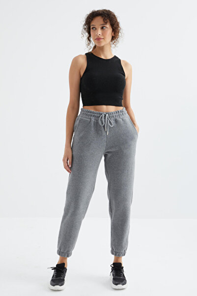 TOMMY LIFE Gri Melanj Yüksek Bel Basic Bağcıklı Jogger Polar Kadın Eşofman Alt - 94622