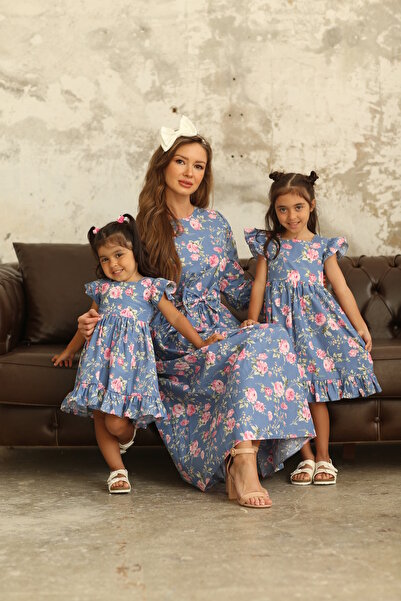 KÜÇÜĞÜM BUTİK Hijab Combinație de mamă-fiică cu șnur în talie cu trandafiri albastru-roz (Vândut singur)