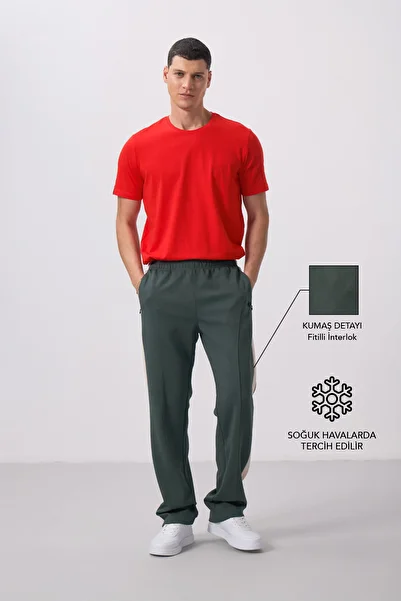 TOMMY LIFE Khaki Surface Textured Standard Fit Palazzo Men's Trousers - 82171