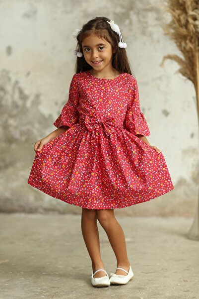 KÜÇÜĞÜM BUTİK Червена момичешка рокля на цветя с прибрана талия