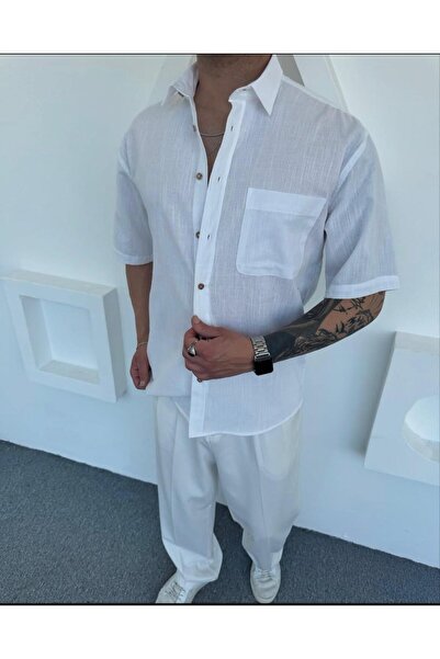 DEFES White Linen Men's Shirt Short Sleeve Summer Oversize