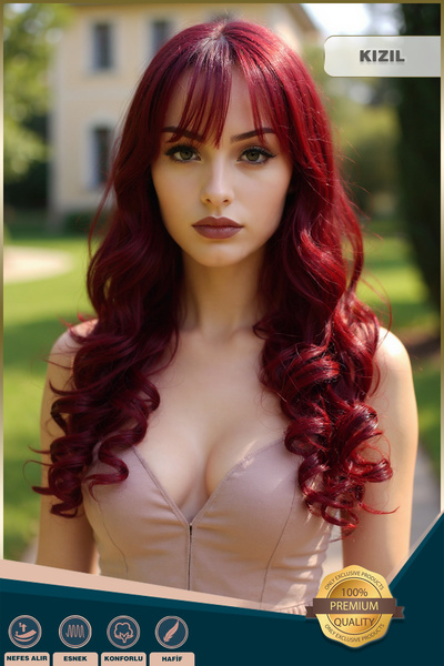 KONAK PERUK Dalgalı Perçemli Uzun Fiber Sentetik Peruk - Kızıl