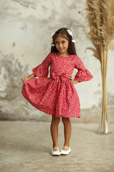 KÜÇÜĞÜM BUTİK Red Floral Girl's Dress with Gathered Waist
