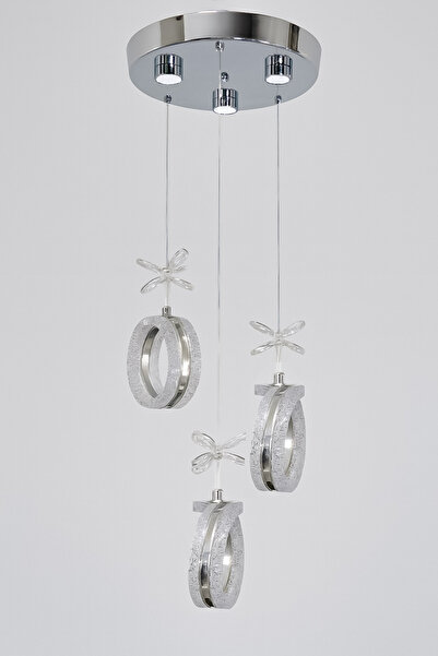 Fer Avize Ecrin 3lü Modern Led Avize Krom Renk Kristal Görünüm Beyaz Işık Enerji Tasarruflu Salon Yemek Odası