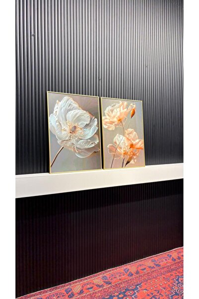 Tablomtr Işıltı Çiçek - Dijital Baskılı Gold Metal Çerçeveli Gerçek Camlı 2'li Dekoratif Tablo