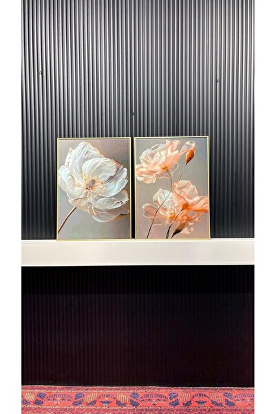 Tablomtr Işıltı Çiçek - Dijital Baskılı Gold Metal Çerçeveli Gerçek Camlı 2'li Dekoratif Tablo