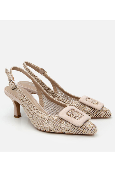Hotiç Women's Beige Patterned Open Back Heeled Shoes