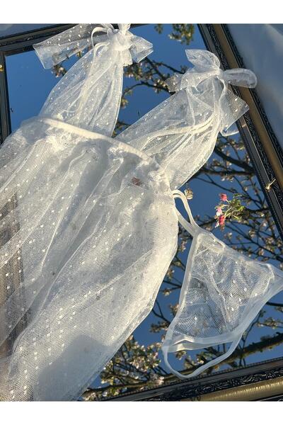 Best Dream Kadın Beyaz Tül Puantiye Desenli Tangalı Gecelik Takım