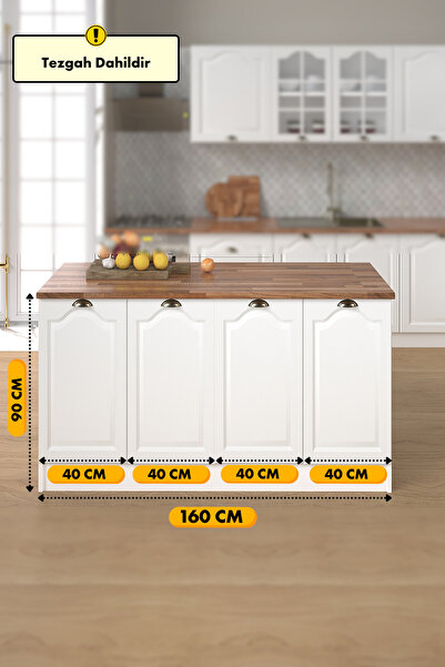 Fly Mobilya 160 Cm %100 MDF Greena White Ada Mutfak, Modern Mutfak Adası, Mutfak Yemek Masası, Bar Masası