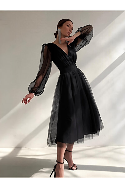 parla official Kadın Siyah Hayalim Tül Astarlı V Yaka Kemerli Midi Boy Abiye ...