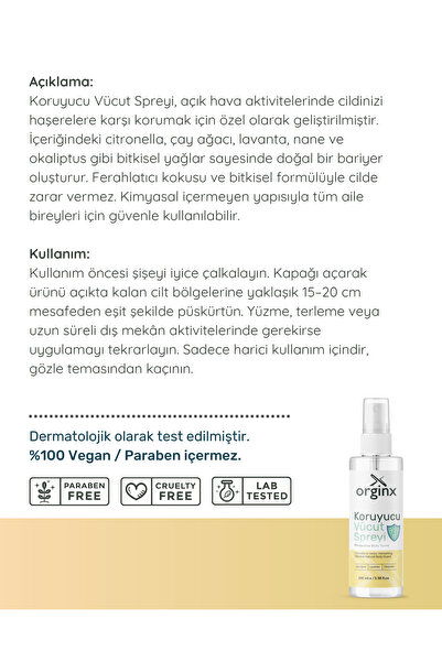 Orginx Doğal Koruyucu Sivrisinek ve Kene Kovucu Sprey Losyon Bitkisel Tüm Vücut İçin Aile Boy 100 ml