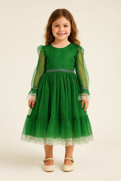 Prenses Peri Kids Kız çocuk abiye party uzun kollu dantel detaylı elbise