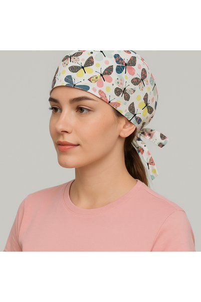 Dr. Mitra CERRAHİ BONE,DOKTOR,HEMŞİRE BONESİ,KELEBEK DESENLİ ,UNISEX,PAMUKLU,BEYAZ