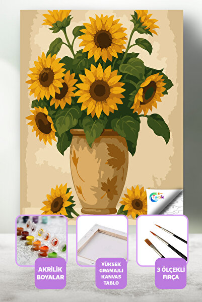 Tuvalle Güneşin Çiçekleri Sayılarla Boyama Seti, Hobi Seti, 40X50 Tablo, Fırç...
