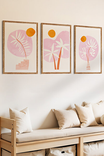 Zevahir Mobilya Dekorasyon Set de pictură MDF cu aspect de cadru din lemn, 3 piese, în tonuri pastel, tropicale, cu concept de liniște