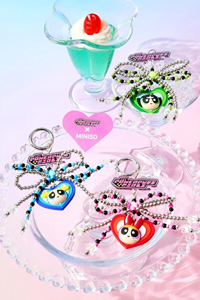 Miniso Powerpuff Girls Lisanslı Boncuklu Fiyonk Figürlü Anahtarlık