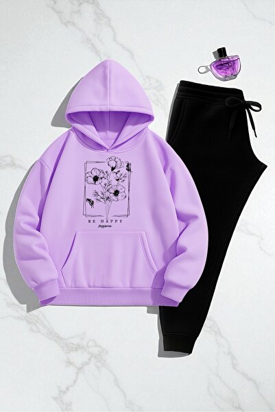 uyguntarz Unisex Be Happy Printed Oversize Sweatshirt Set