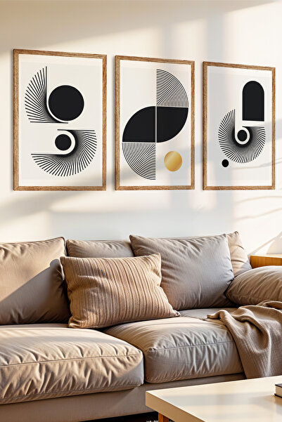 Zevahir Mobilya Dekorasyon Set de pictură MDF cu aspect de cadru din lemn, tematică geo-geometrică, minimalistă, 3 piese