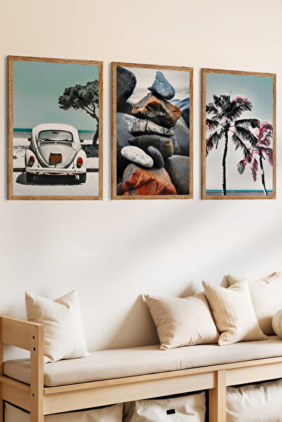 Zevahir Mobilya Dekorasyon Set de pictură MDF cu aspect de cadru din lemn cu tematică Momente de pace, 3 piese