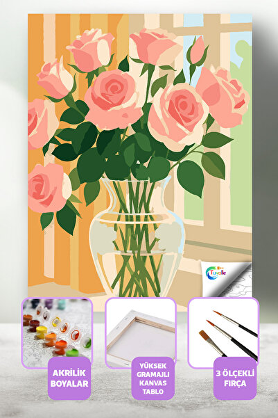 Tuvalle Sabah Gülleri Sayılarla Boyama Seti, Hobi Seti, 40X50 Tablo, Fırça Bo...