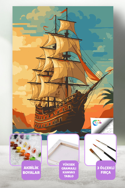Tuvalle Korsan Yelkenleri Sayılarla Boyama Seti, Hobi Seti, 40X50 Tablo, Fırç...