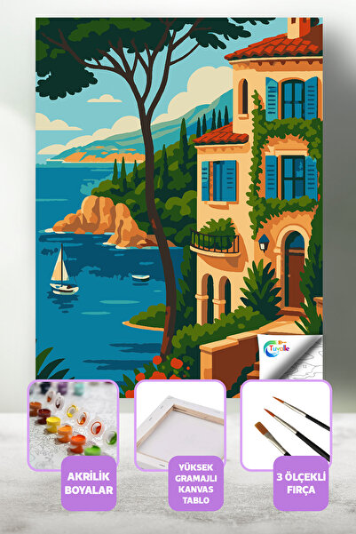 Tuvalle Akdeniz Kıyısı Sayılarla Boyama Seti, Hobi Seti, 40X50 Tablo, Fırça B...