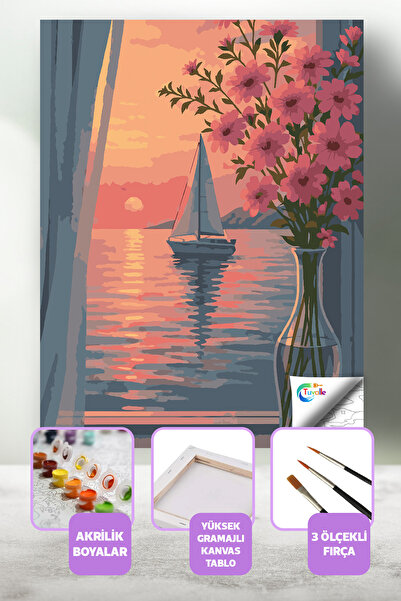 Tuvalle Huzurlu Gün Batımı Sayılarla Boyama Seti, Hobi Seti, 40X50 Tablo, Fır...