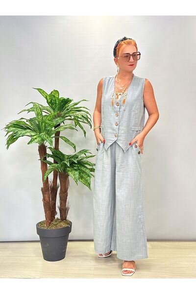 AGORATEKSTİL Women's Linen Cotton Buttoned Vest and Pants Suit