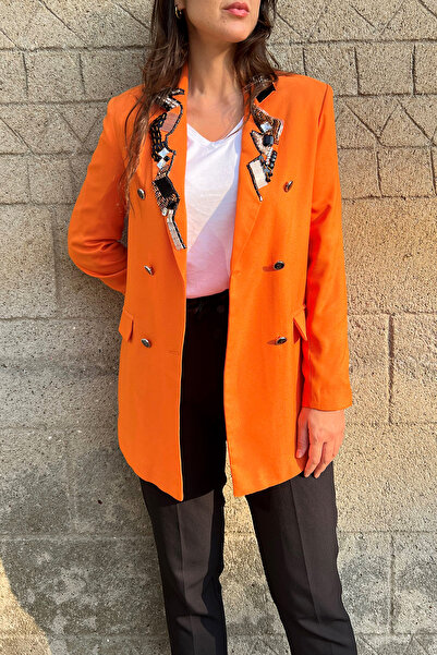 GZ Design Yakası Kristal Taş Işlemeli Turuncu Blazer Ceket