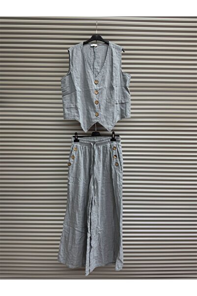 AGORATEKSTİL Women's Linen Cotton Buttoned Vest and Pants Suit