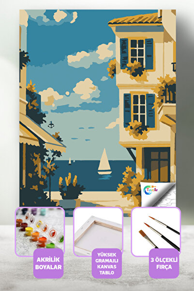 Tuvalle Yalıköy Sayılarla Boyama Seti, Hobi Seti, 40X50 Tablo, Fırça Boya, Nu...
