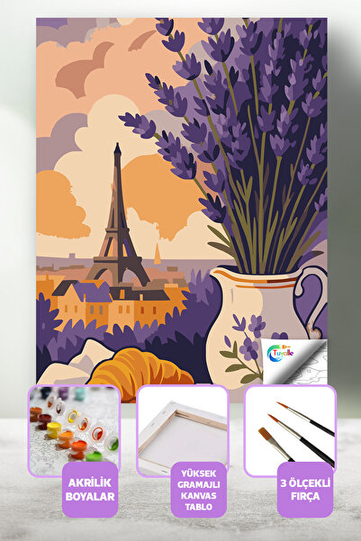 Tuvalle Lavanta ve Eyfel Sayılarla Boyama Seti, Hobi Seti, 40X50 Tablo, Fırça...
