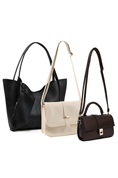 SHAKA Чорний/Кремовий/Коричневий SHK246 Штучна шкіра Рука, рукав і плече 3-комплект сумок (SHK108-SHK127-Shk109)