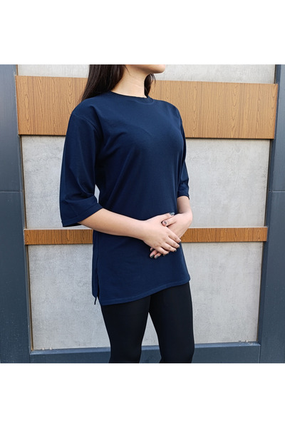 siyalife Crew Neck Plain Half Sleeve Casual Cut Navy Blue Oversize T-Shirt with Slit Detail