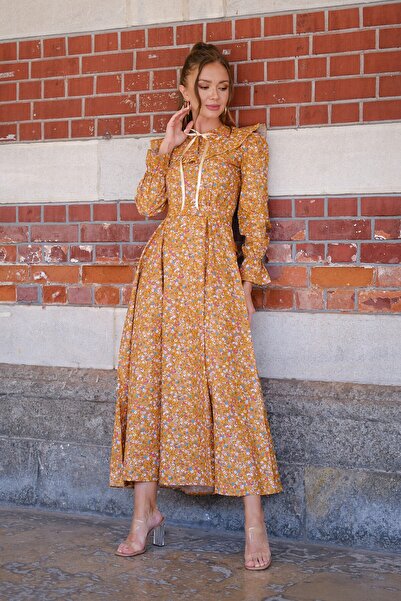 KÜÇÜĞÜM BUTİK Φόρεμα Hijab Vintage μουστάρδας με λουλουδένιο μπαλόνι με μανίκια με φορητό γιακά