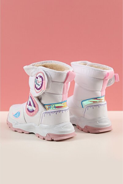 Zerenyus Winters Termal Yünlü Beyaz Pudra Kız Çocuk Cırtlı Kar Botu