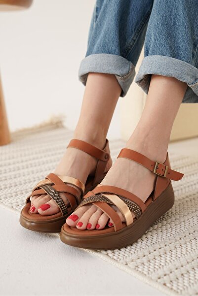 Zerenyus Herry Premium Tan Gold Detailed Genuine Leather Sandals