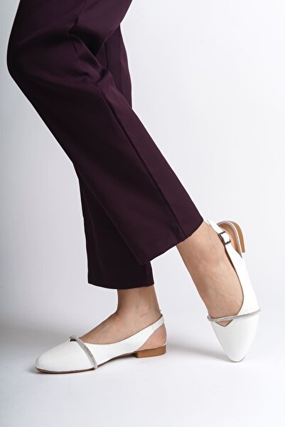 Zerenyus Allison Buckle Orthopedic Comfortable Stone Detailed Women's White Ballerinas