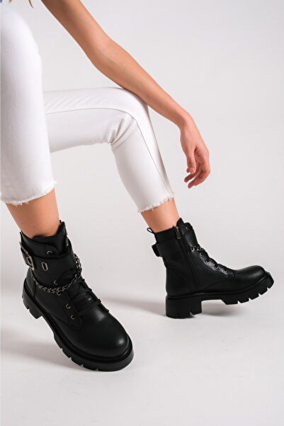 Zerenyus ManoralSu Geçirmez Zincirli Fermuarlı Kadın Siyah Bot