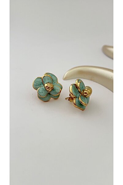 Goche Çiçek Motifli Mineli Altın Kaplama Paslanmaz Çelik Küpe