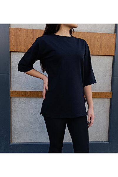 siyalife Bisiklet Yaka Düz Yarım Kollu Yırtmaç Detaylı Rahat Kesim Siyah Oversize T-shirt-Tişört