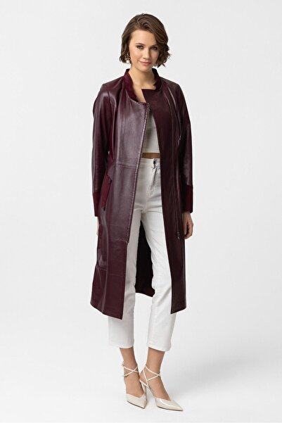 Deriderim Bordo Nancy Yandan Fermuarlı Hakim Yaka Hakiki Deri Uzun Kadın Manto Kaban