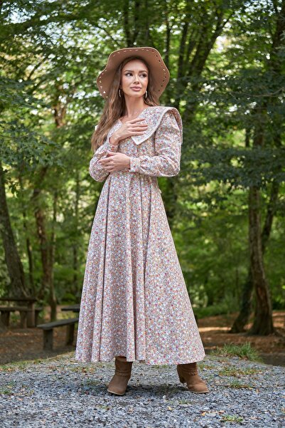 KÜÇÜĞÜM BUTİK Vintage Μεγάλος Γιακάς Γκρι Χρώμα Floral μακρυμάνικο φουσκωτό φόρεμα