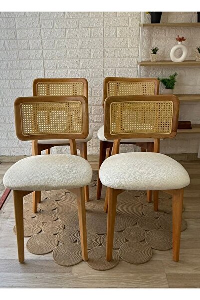 silla Concept 4 Adet Zion Sandalye Teddy Krem Kumaş Hasırlı Naturel Ahşap Sandalye (4 ADET)